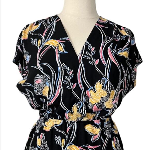 Halogen Women's Dress Elastic Waist V Neck Wrap Black Yellow Floral Size XL - Picture 5 of 10